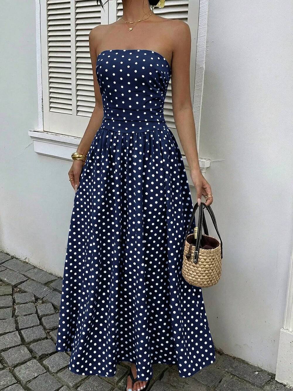 NEW MCCOLIN bentley strapless dress in blue/white polka dot